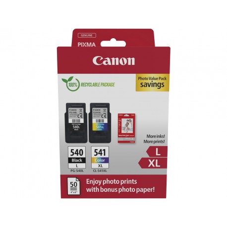 Cartouches Canon PG-540L / CL-541XL - Pack Noir L & Couleur XL+ 50 feuilles Canon Glossy 10x15